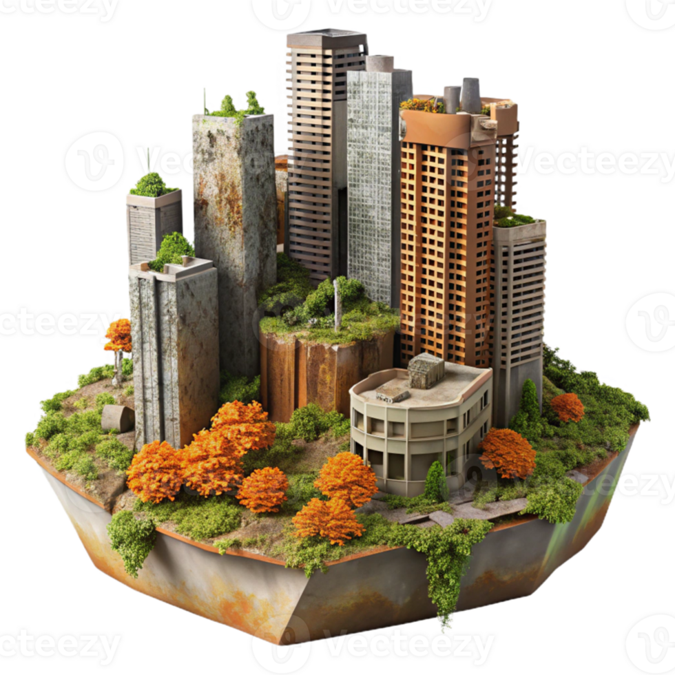 serene artistic dramatic abstract Post-apocalyptic cityscape, crumbling skyscrapers, overgrown with vegetation, rusty metal and broken concrete, orange and brown color palette, digital painting... png