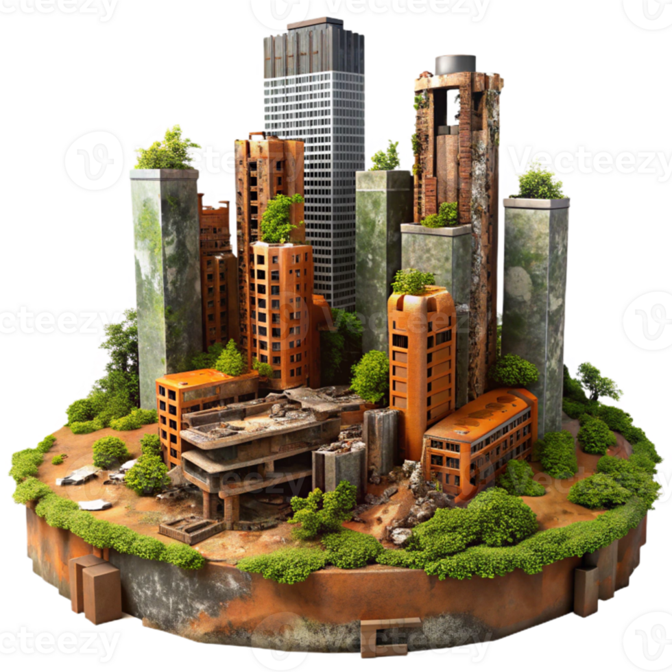 wonderful creative vibrant minimalist Post-apocalyptic cityscape, crumbling skyscrapers, overgrown with vegetation, rusty metal and broken concrete, orange and brown color palette, digital... png