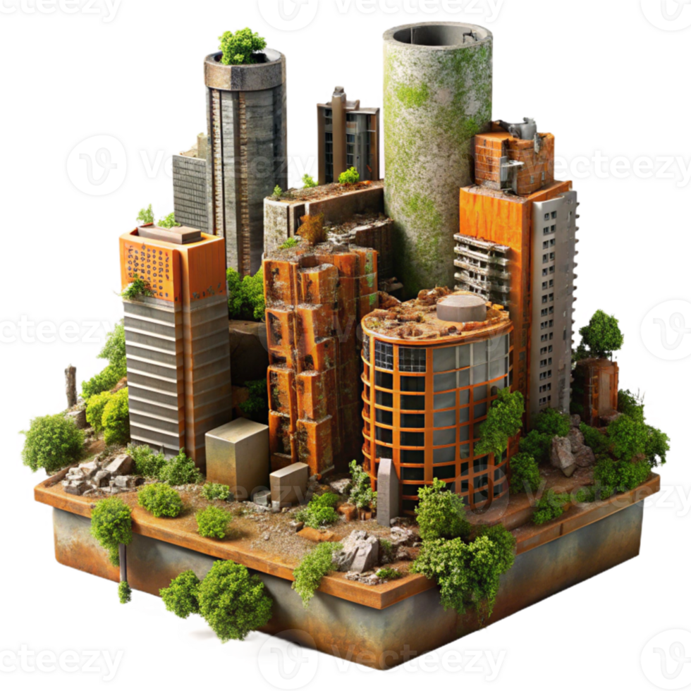 impressive modern vibrant contemporary Post-apocalyptic cityscape, crumbling skyscrapers, overgrown with vegetation, rusty metal and broken concrete, orange and brown color palette, digital... png