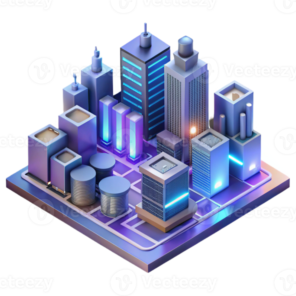 beautiful contemporary extraordinary minimalist A microscale city built on a circuit board, neon lights and data streams flowing through the structures, cyberpunk style, isometric view professional 4K png