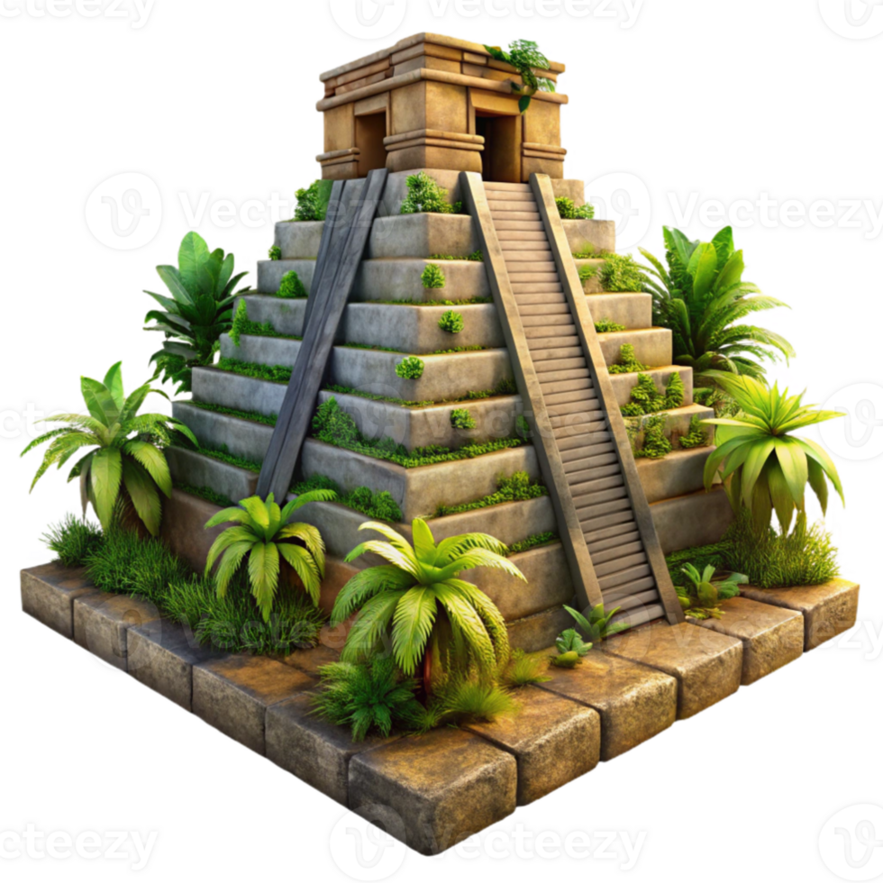 stunning minimalist stunning traditional An ancient Mayan pyramid, overgrown with jungle vegetation, weathered stone, dramatic sunset lighting, photorealistic rendering 4K professional png