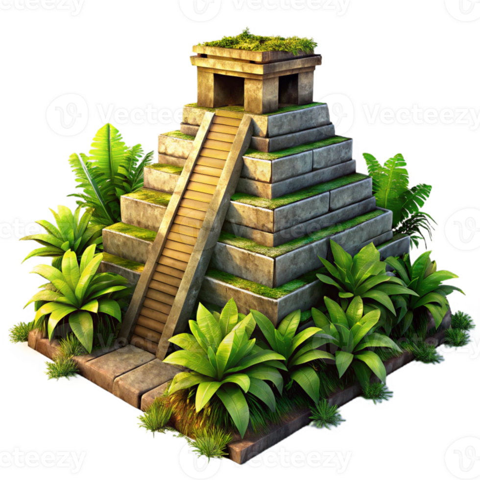 elegant minimalist dramatic modern An ancient Mayan pyramid, overgrown with jungle vegetation, weathered stone, dramatic sunset lighting, photorealistic rendering original detailed png