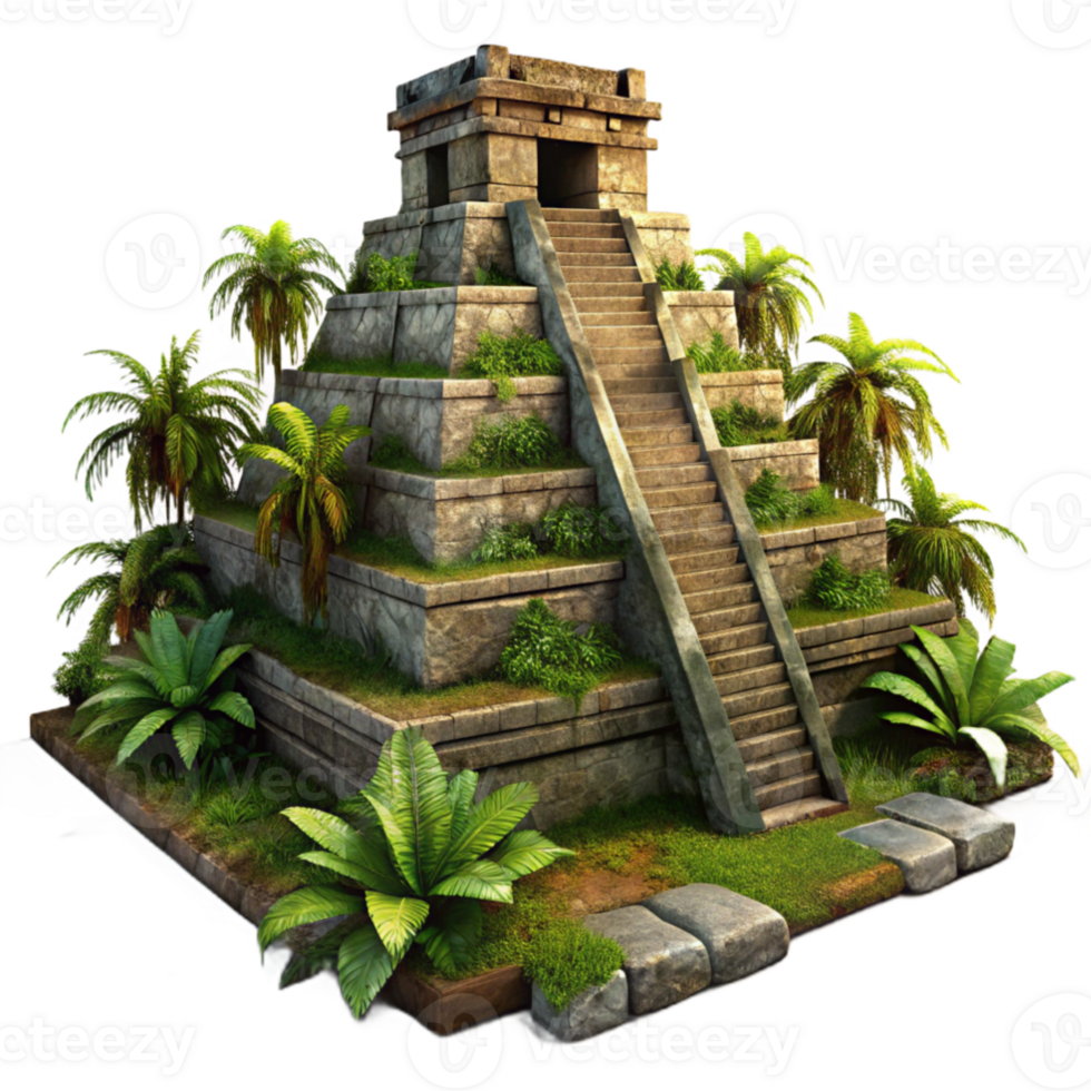 impressive abstract serene rustic An ancient Mayan pyramid, overgrown with jungle vegetation, weathered stone, dramatic sunset lighting, photorealistic rendering high quality detailed png
