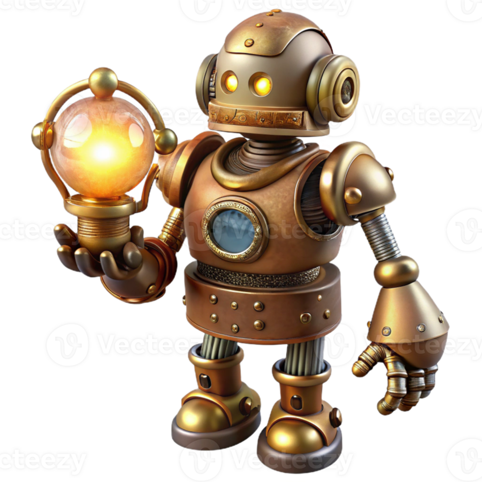impressive minimalist wonderful rustic A steampunk robot holding a glowing orb, intricate brass and copper details, rivets and gears, dramatic spotlighting, art deco style authentic exclusive png
