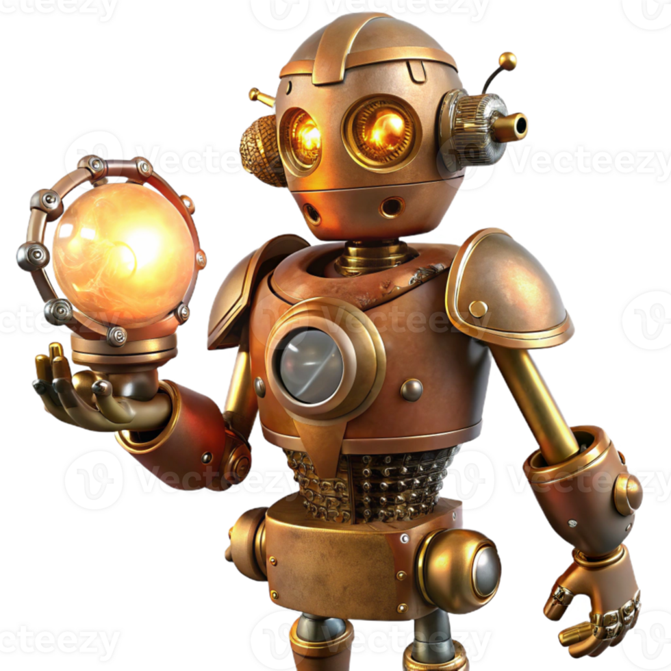elegant minimalist stunning traditional A steampunk robot holding a glowing orb, intricate brass and copper details, rivets and gears, dramatic spotlighting, art deco style professional genuine png