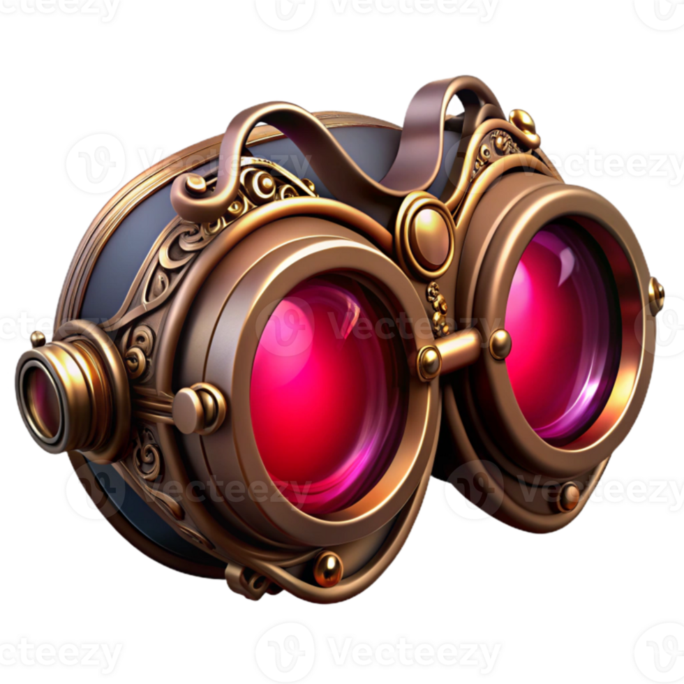 extraordinary traditional extraordinary contemporary A single ornate steampunk goggles, intricate filigree design, ruby lenses, glowing softly, dark background, cinematic lighting high resolution... png