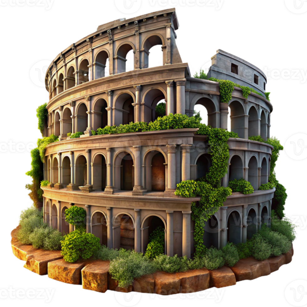 dramatic creative elegant creative A crumbling Roman colosseum, overgrown with vegetation, weathered stone, dramatic sunset lighting, historical painting style high resolution genuine png