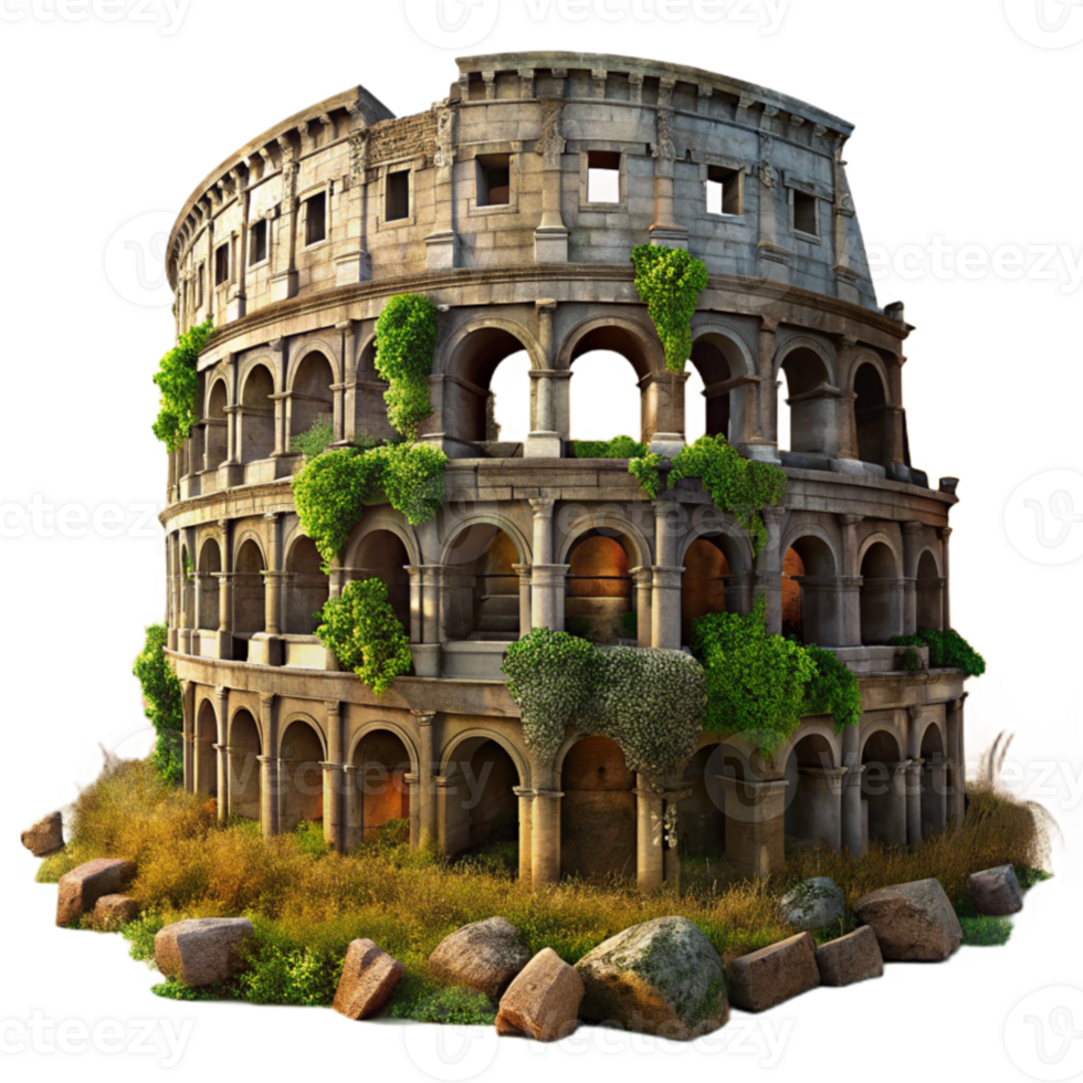 serene rustic stunning artistic A crumbling Roman colosseum, overgrown with vegetation, weathered stone, dramatic sunset lighting, historical painting style genuine high quality png
