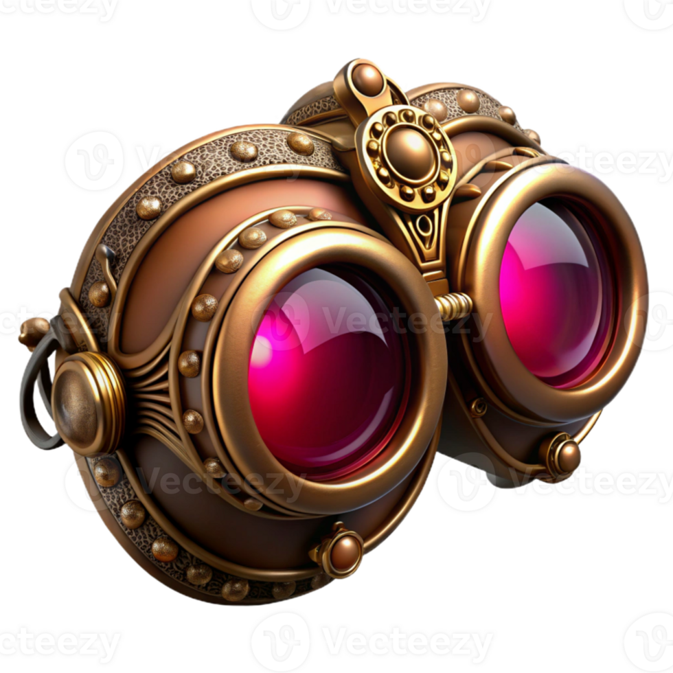 vibrant artistic wonderful minimalist A single ornate steampunk goggles, intricate filigree design, ruby lenses, glowing softly, dark background, cinematic lighting premium authentic png
