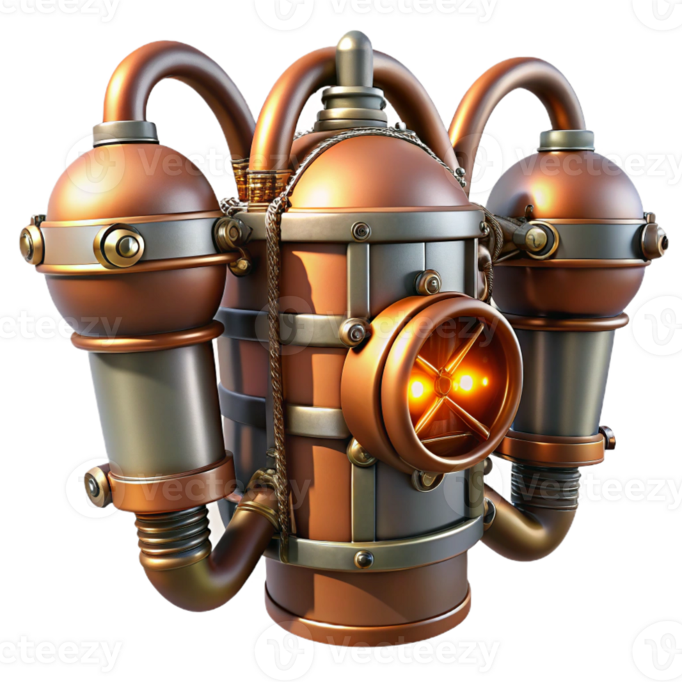 serene abstract impressive abstract A steampunk jetpack, copper and steel, intricate pipes and valves, glowing thrusters, dynamic lighting, dieselpunk influence 4K professional png