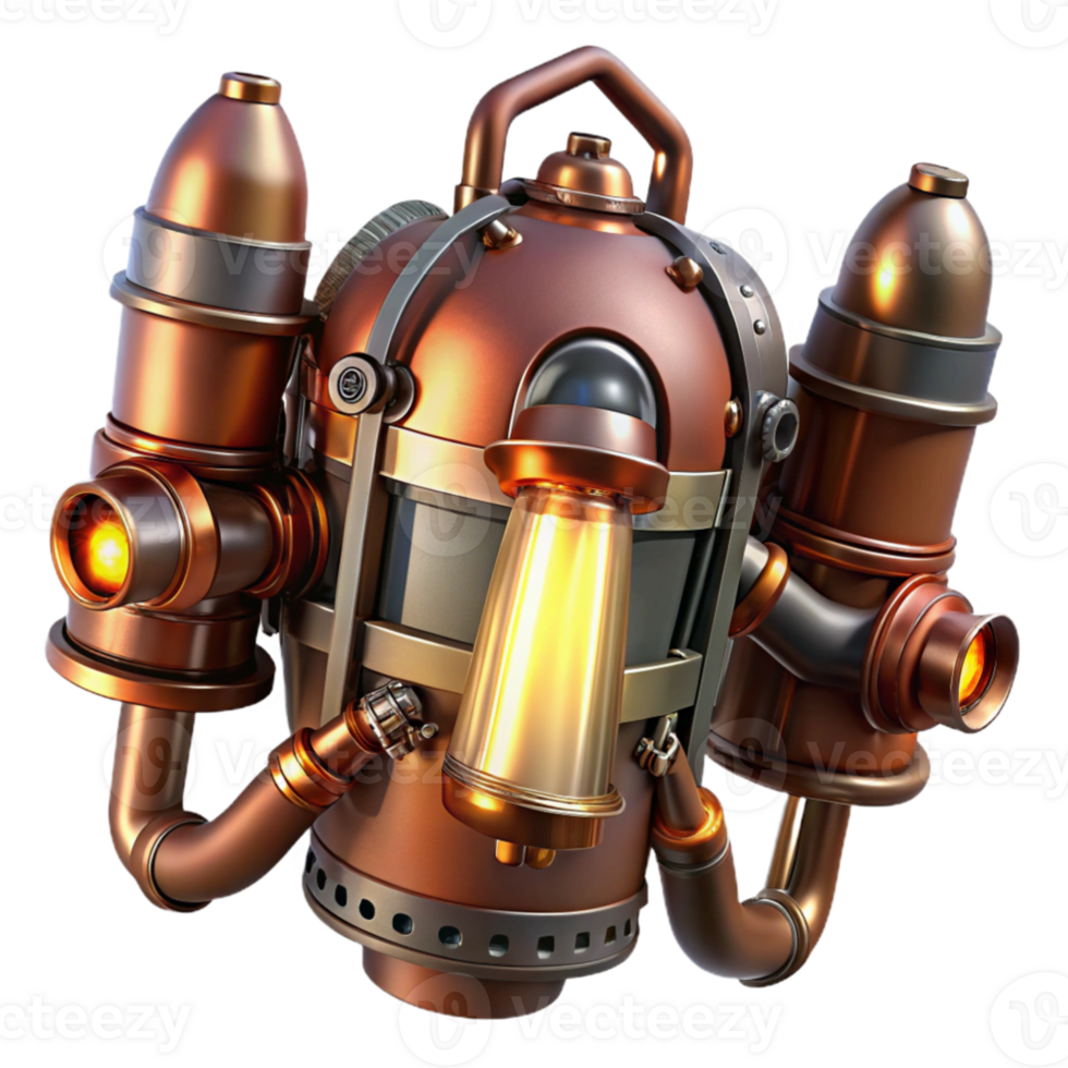 beautiful abstract stunning traditional A steampunk jetpack, copper and steel, intricate pipes and valves, glowing thrusters, dynamic lighting, dieselpunk influence genuine high quality png