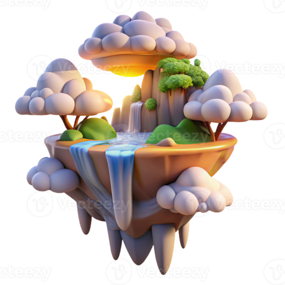 extraordinary vintage stunning modern A floating island with waterfalls cascading into the clouds, vibrant sunset lighting, fantasy art style genuine detailed png