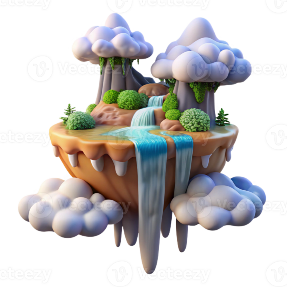 wonderful contemporary extraordinary vintage A floating island with waterfalls cascading into the clouds, vibrant sunset lighting, fantasy art style high resolution 4K png