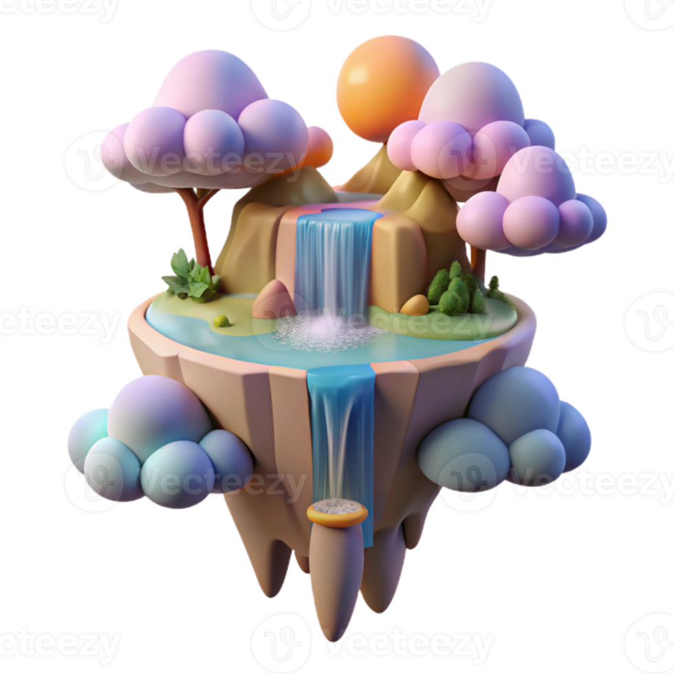 vibrant traditional stunning creative A floating island with waterfalls cascading into the clouds, vibrant sunset lighting, fantasy art style professional genuine png