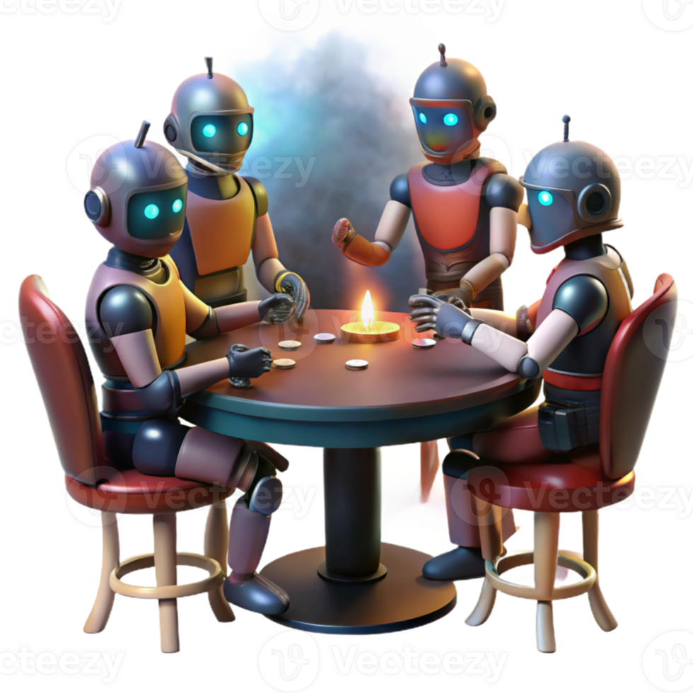 stunning artistic serene modern A group of robots playing poker in a smoky, dimly lit saloon on a distant planet, dramatic spotlighting, gritty realism style genuine high quality png
