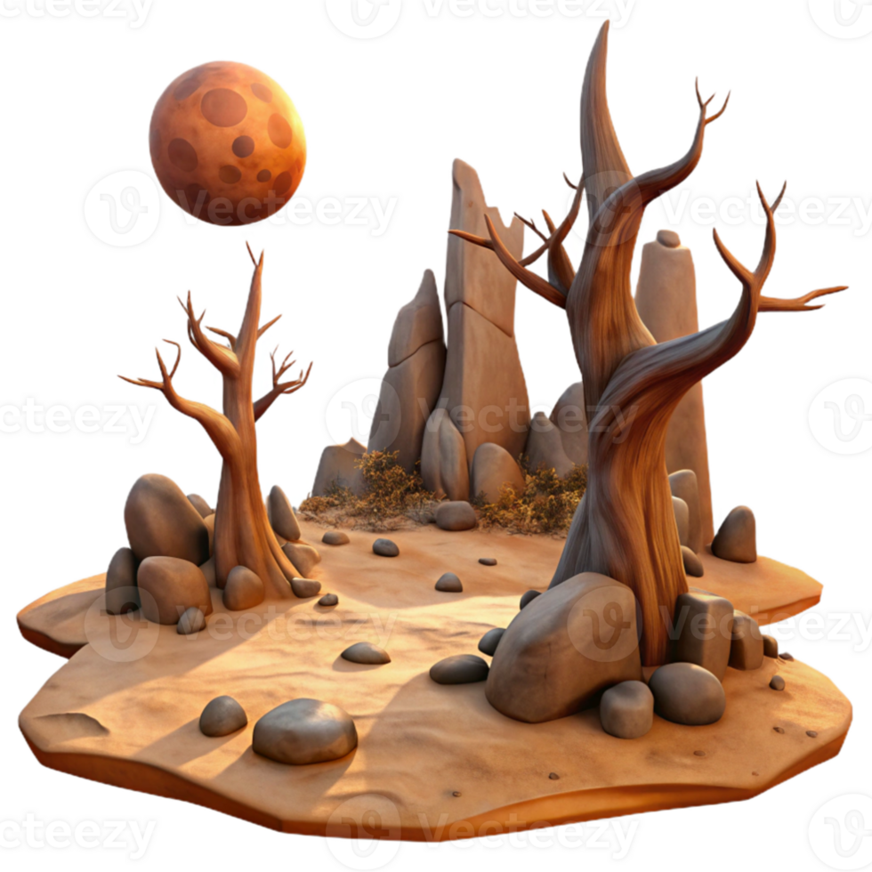 serene vintage extraordinary artistic A desolate, alien landscape with strange rock formations and a single, withered tree, harsh, midday sun lighting, photorealistic style exclusive original png