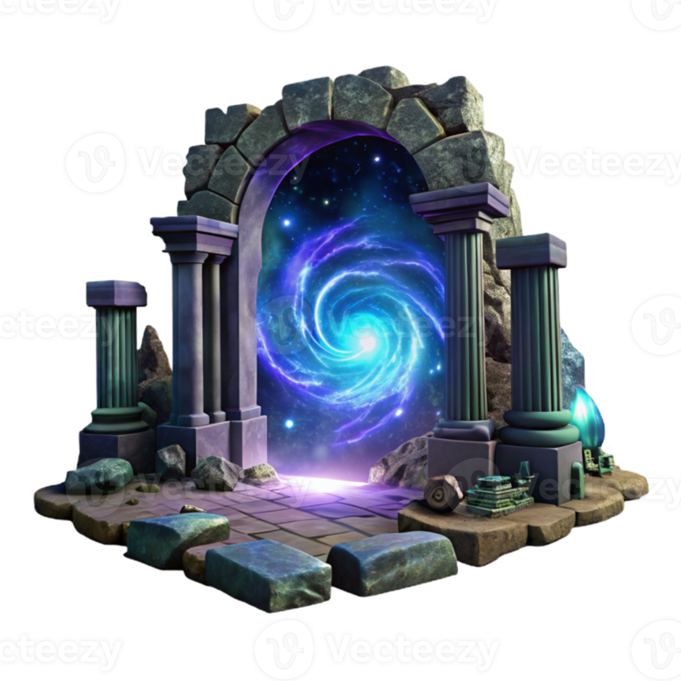 vibrant classic wonderful contemporary A portal swirling with galaxies and nebulae, surrounded by ancient ruins, mysterious, glowing lighting, fantasy art style premium detailed png