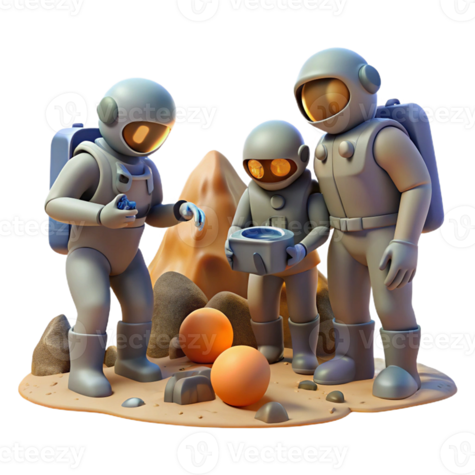 vibrant abstract serene creative A group of explorers in environmental suits discovering a strange artifact on an alien planet, muted, overcast lighting, cinematic style detailed detailed png