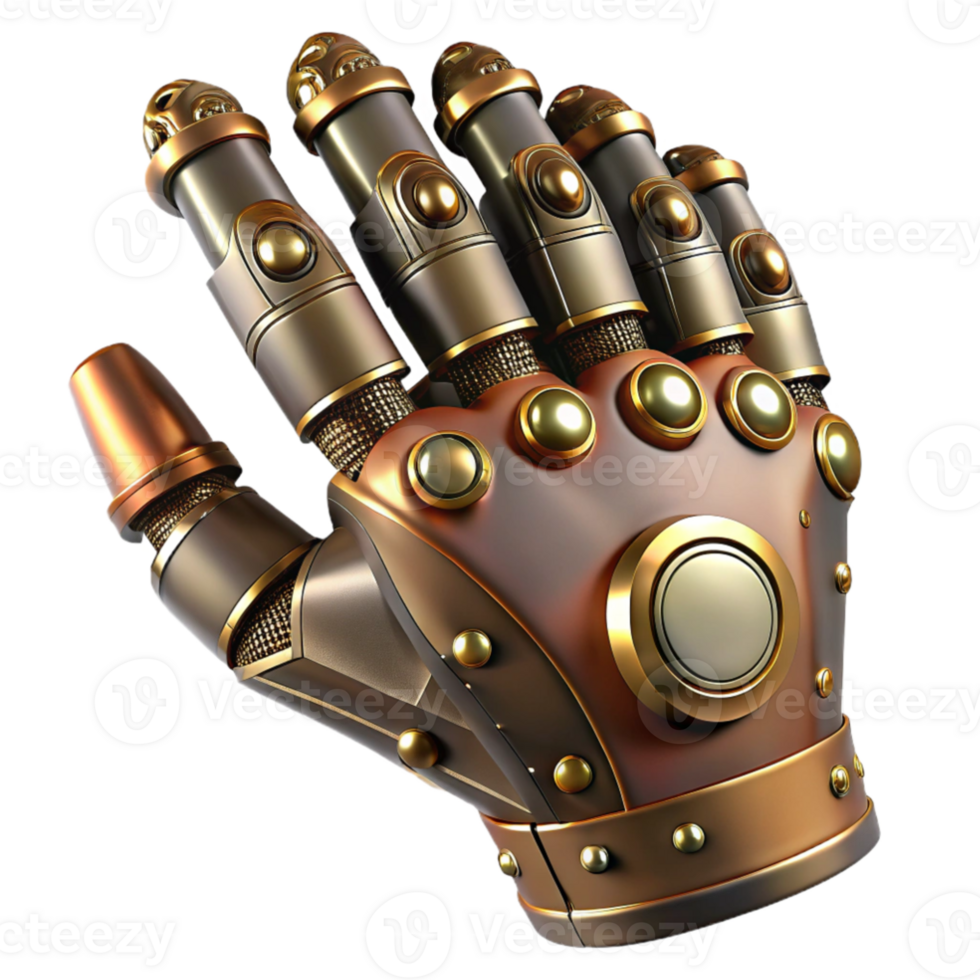 magnificent minimalist stunning vintage A close-up of a steampunk prosthetic hand, intricate clockwork mechanisms, metallic sheen, spotlighted, hyperrealistic style, exclusive authentic png