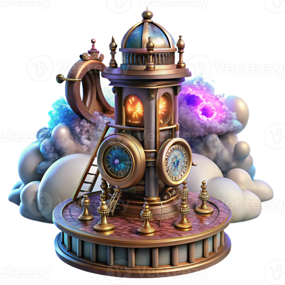 impressive rustic stunning artistic A towering steampunk clock tower, intricate gears and pipes, against a swirling nebula, vibrant, otherworldly lighting, art nouveau style, original genuine png