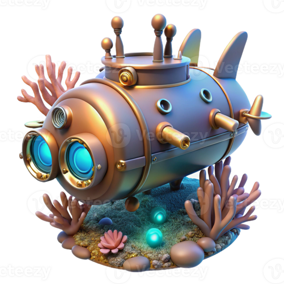 stunning modern serene creative A steampunk submarine navigating through a coral reef, bioluminescent lighting, highly detailed, cinematic style, exclusive high quality png