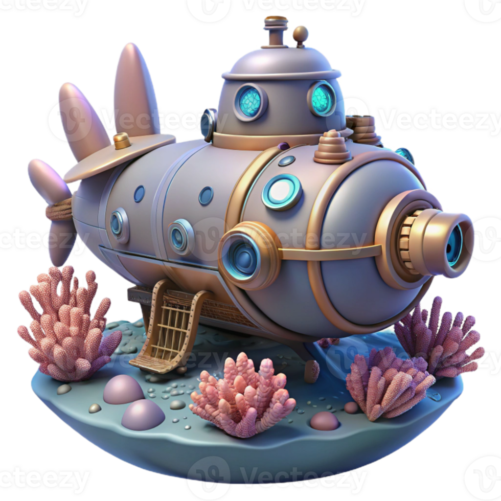 impressive minimalist beautiful creative A steampunk submarine navigating through a coral reef, bioluminescent lighting, highly detailed, cinematic style, original authentic png