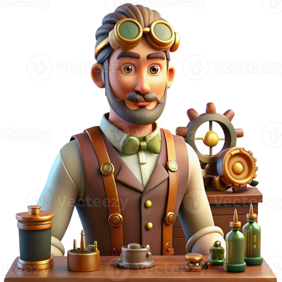 magnificent creative elegant contemporary A portrait of a steampunk inventor in his workshop, surrounded by tools and gadgets, warm, ambient lighting, realistic style, exclusive exclusive png