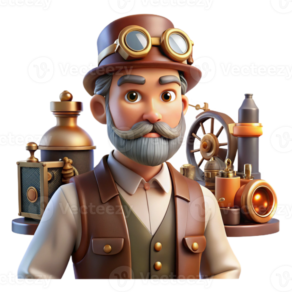 beautiful modern beautiful classic A portrait of a steampunk inventor in his workshop, surrounded by tools and gadgets, warm, ambient lighting, realistic style, authentic high resolution png
