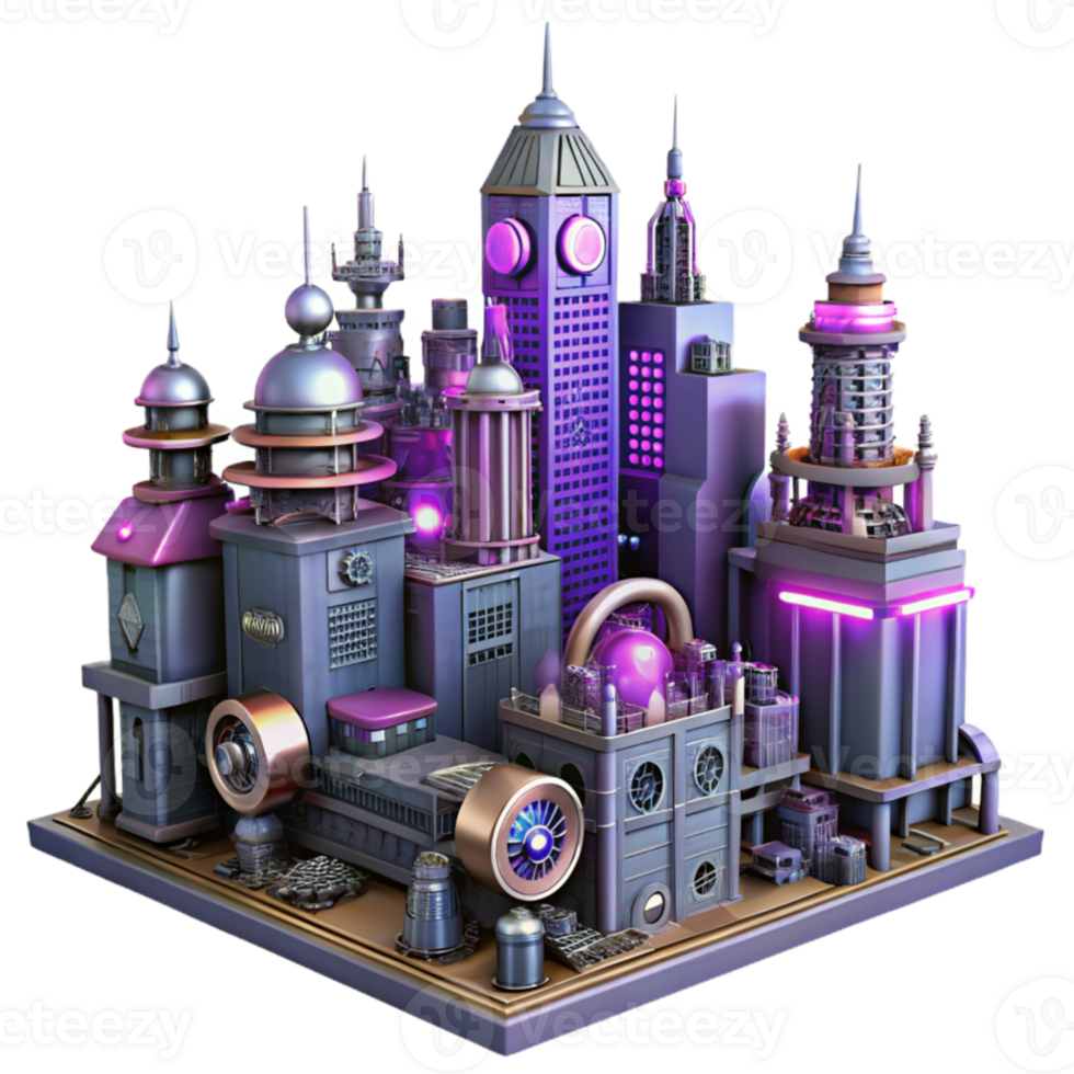 stunning modern magnificent vintage A steampunk cityscape, towering buildings with intricate clockwork mechanisms, vibrant neon lights, cyberpunk style, authentic original png