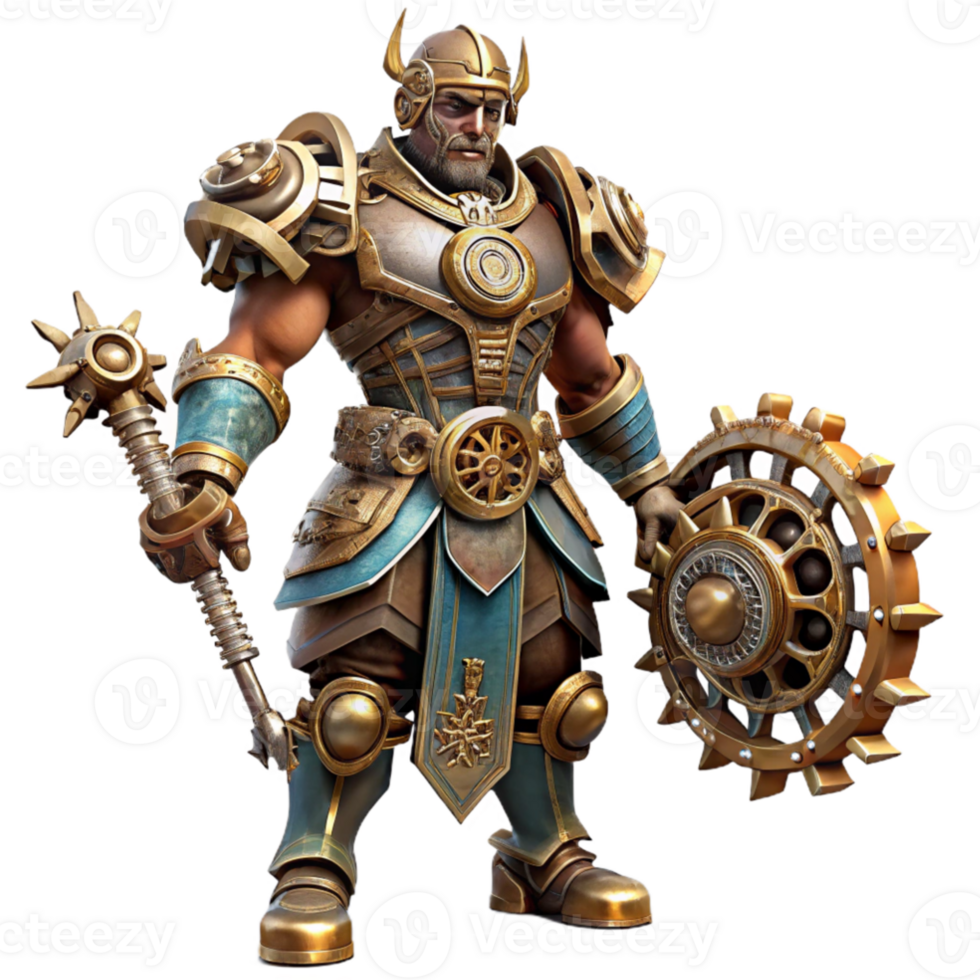 serene creative dramatic vintage A steampunk warrior in full armor, intricate gears and weaponry, dramatic spotlighting, fantasy art style, exclusive high quality png