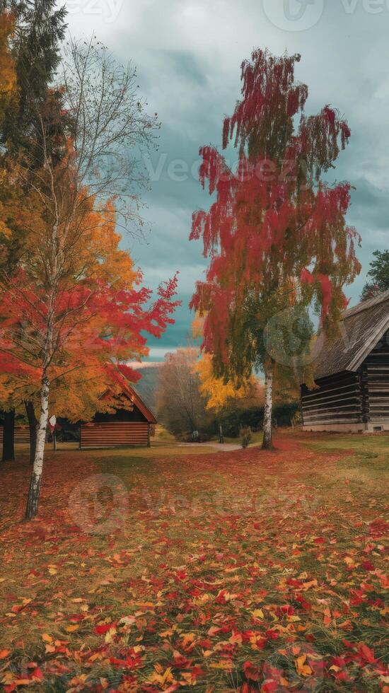 Autumn in the woods with a log cabin and trees photo
