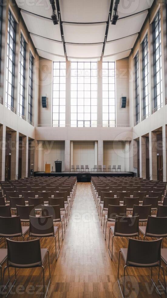 Empty auditorium with rows of chairs and windows photo