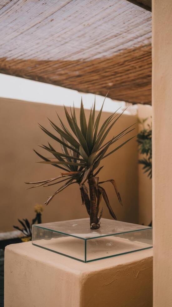 Clear glass platform and tropical plant on beige wall sunshade on background photo