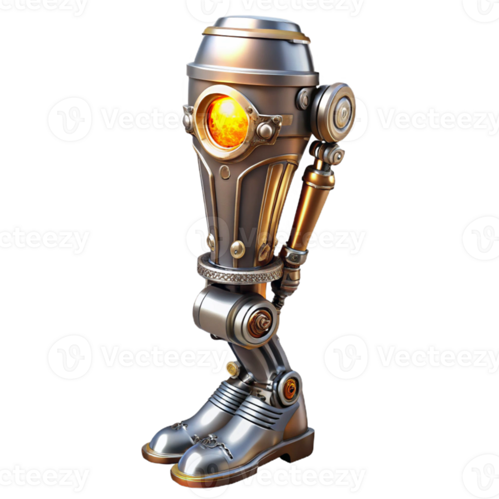 impressive modern wonderful abstract A gleaming, chrome steampunk prosthetic leg, adorned with ornate carvings and glowing vacuum tubes, lit by a dramatic, chiaroscuro light high quality genuine png
