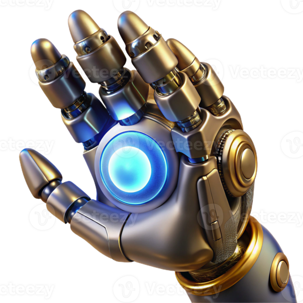 elegant abstract serene contemporary A close-up of a steampunk robotic hand, holding a glowing orb of energy, polished brass and steel, intricate wiring, illuminated by ethereal blue light... png
