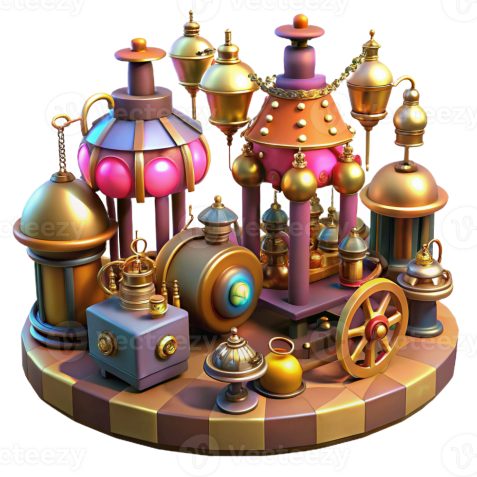 impressive creative impressive abstract A bustling steampunk marketplace, filled with intricate gadgets and automatons, vibrant colors, lit by hanging gas lamps casting long shadows high quality... png