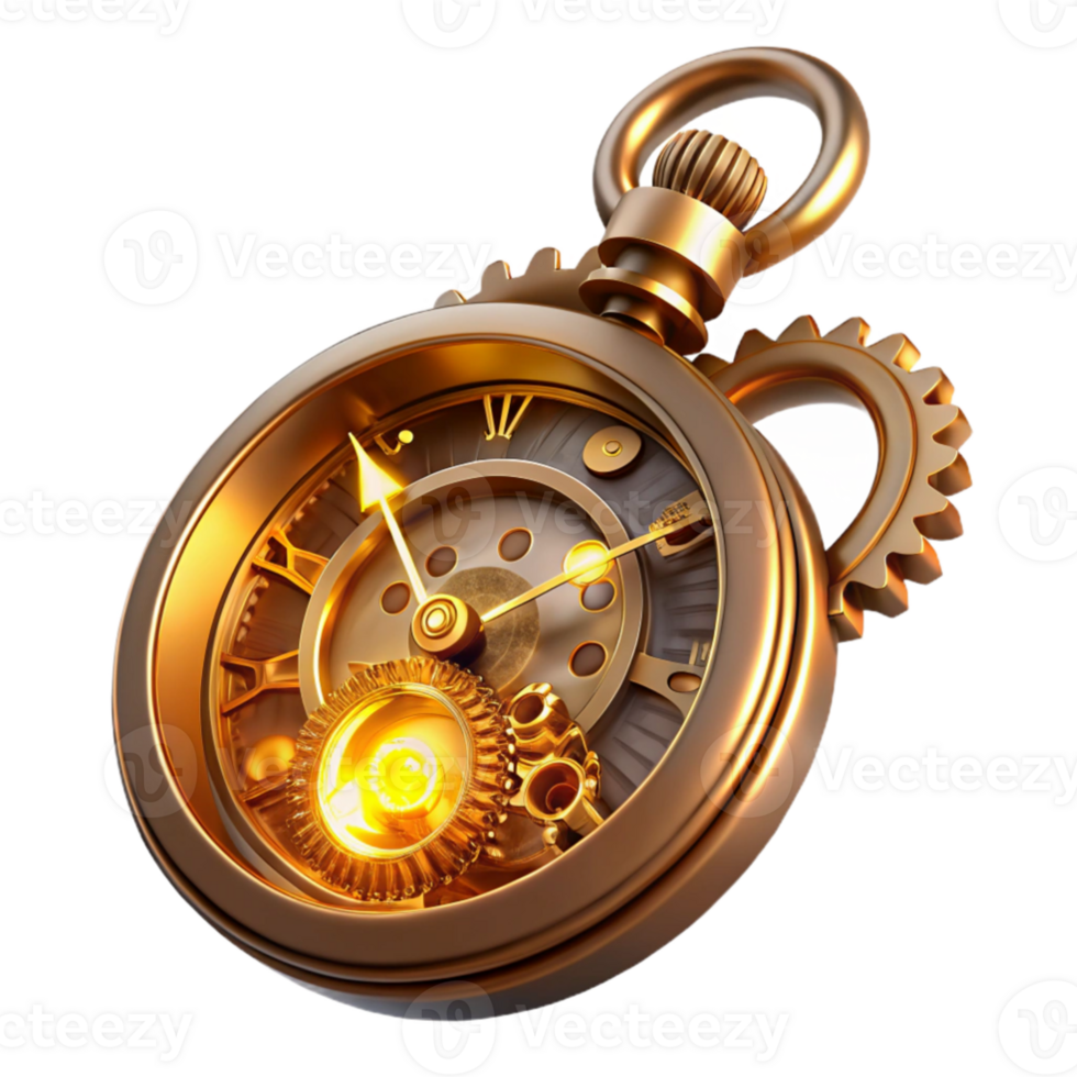 dramatic vintage magnificent vintage A complex, multi-layered steampunk pocket watch, intricate gears and springs visible, glowing Roman numerals, illuminated by a single, focused beam of light... png