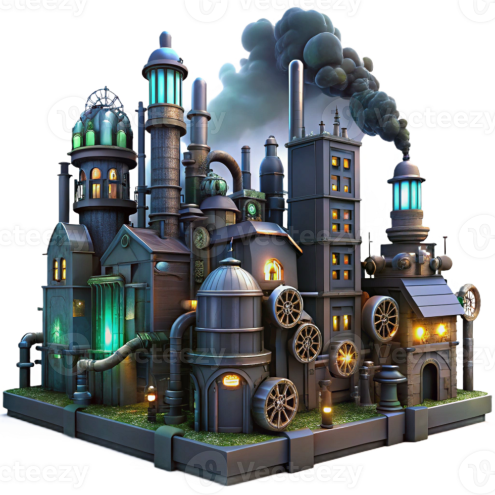 stunning modern stunning classic A steampunk cityscape, towering buildings made of gears and pipes, illuminated by flickering gaslights and neon signs, a rainy, atmospheric night original 4K png