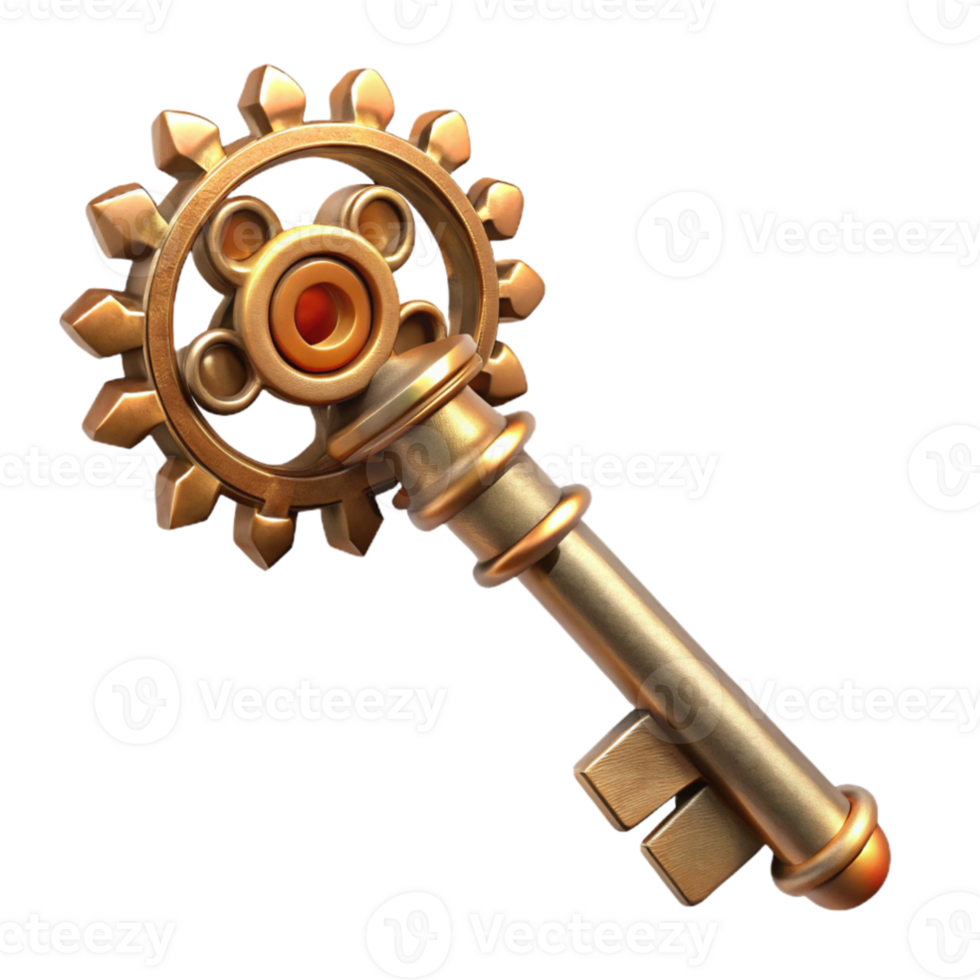 magnificent traditional impressive contemporary A single, ornate steampunk key, intricate gears and filigree details, made of tarnished brass and copper, illuminated by a soft, diffuse light... png