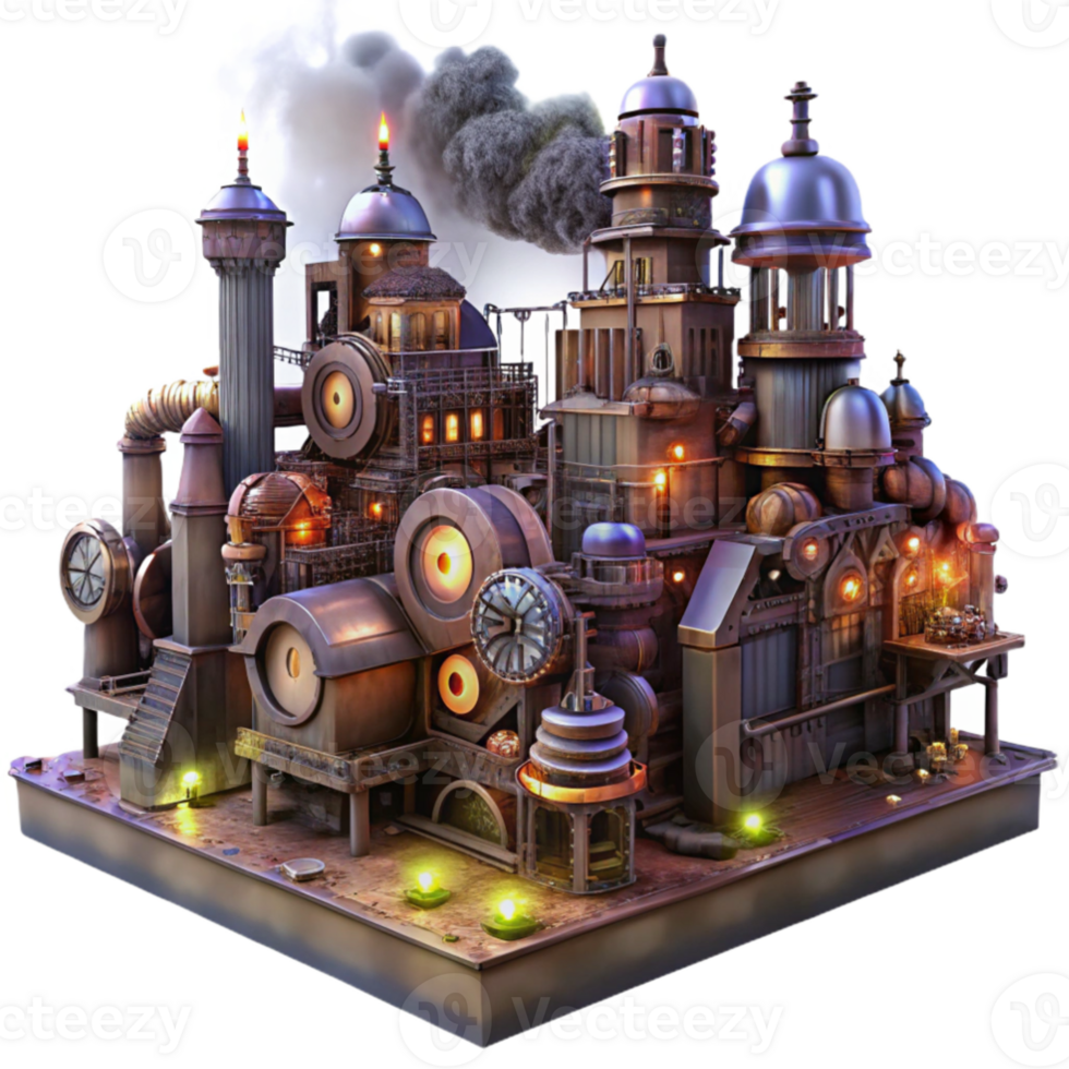 dramatic modern dramatic creative A steampunk cityscape, towering buildings made of gears and pipes, illuminated by flickering gaslights and neon signs, a rainy, atmospheric night high resolution... png