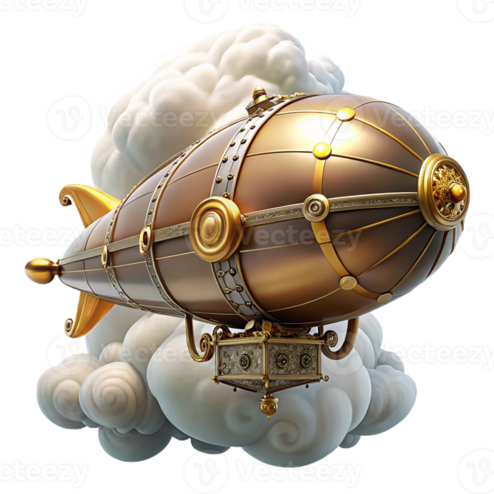 wonderful abstract dramatic artistic A steampunk zeppelin, adorned with intricate clockwork and brass details, floating amidst swirling clouds, illuminated by a dramatic, golden light original... png