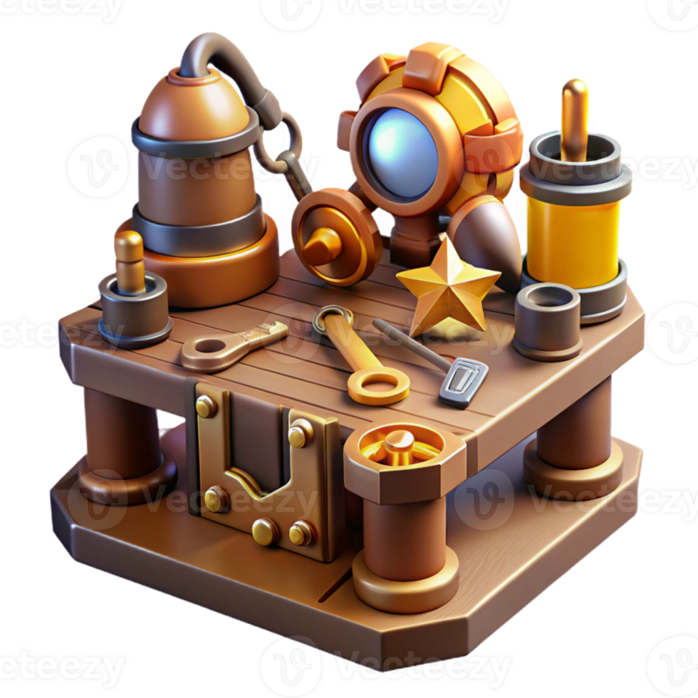 magnificent traditional beautiful classic A collection of steampunk tools, gears, wrenches, and goggles, scattered on a workbench, illuminated by a warm, ambient light exclusive professional png