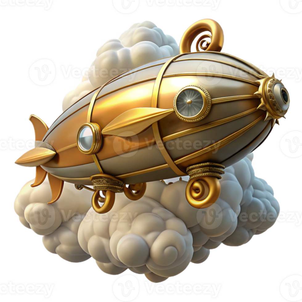 magnificent creative impressive modern A steampunk zeppelin, adorned with intricate clockwork and brass details, floating amidst swirling clouds, illuminated by a dramatic, golden light detailed... png