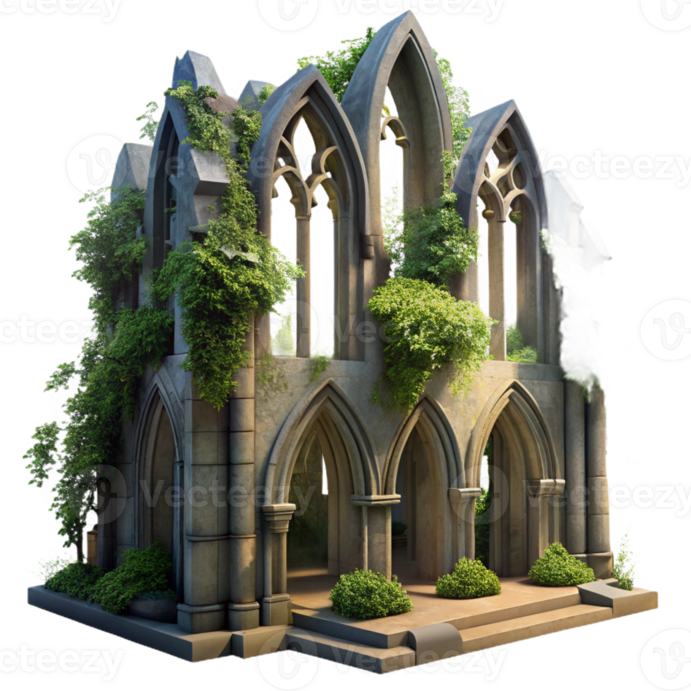 beautiful rustic impressive creative A crumbling gothic cathedral overgrown with vines, dappled sunlight through broken stained glass, hyperrealistic, Greg Rutkowski style, genuine 4K png