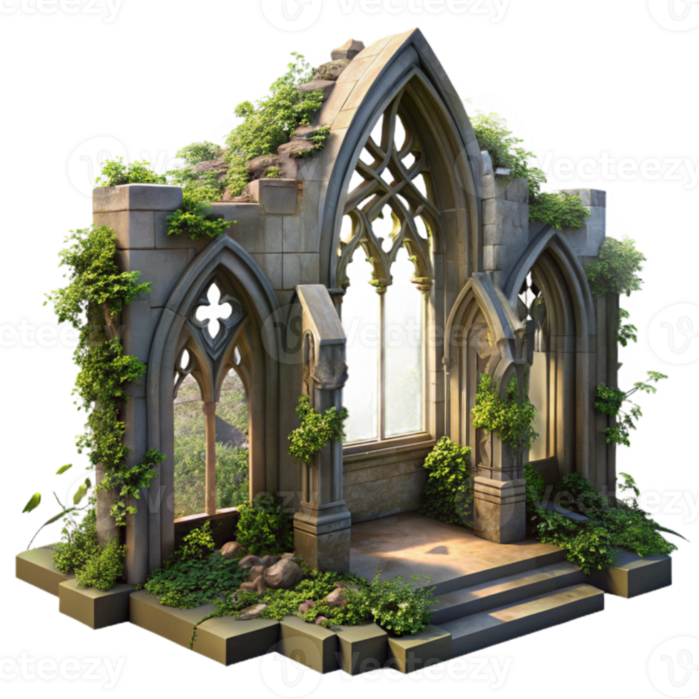 vibrant contemporary elegant contemporary A crumbling gothic cathedral overgrown with vines, dappled sunlight through broken stained glass, hyperrealistic, Greg Rutkowski style, professional... png