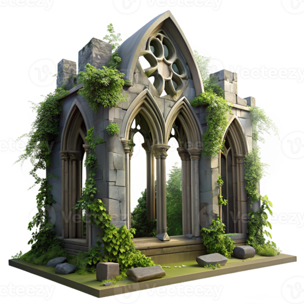 beautiful traditional magnificent creative A crumbling gothic cathedral overgrown with vines, dappled sunlight through broken stained glass, hyperrealistic, Greg Rutkowski style, 4K detailed png