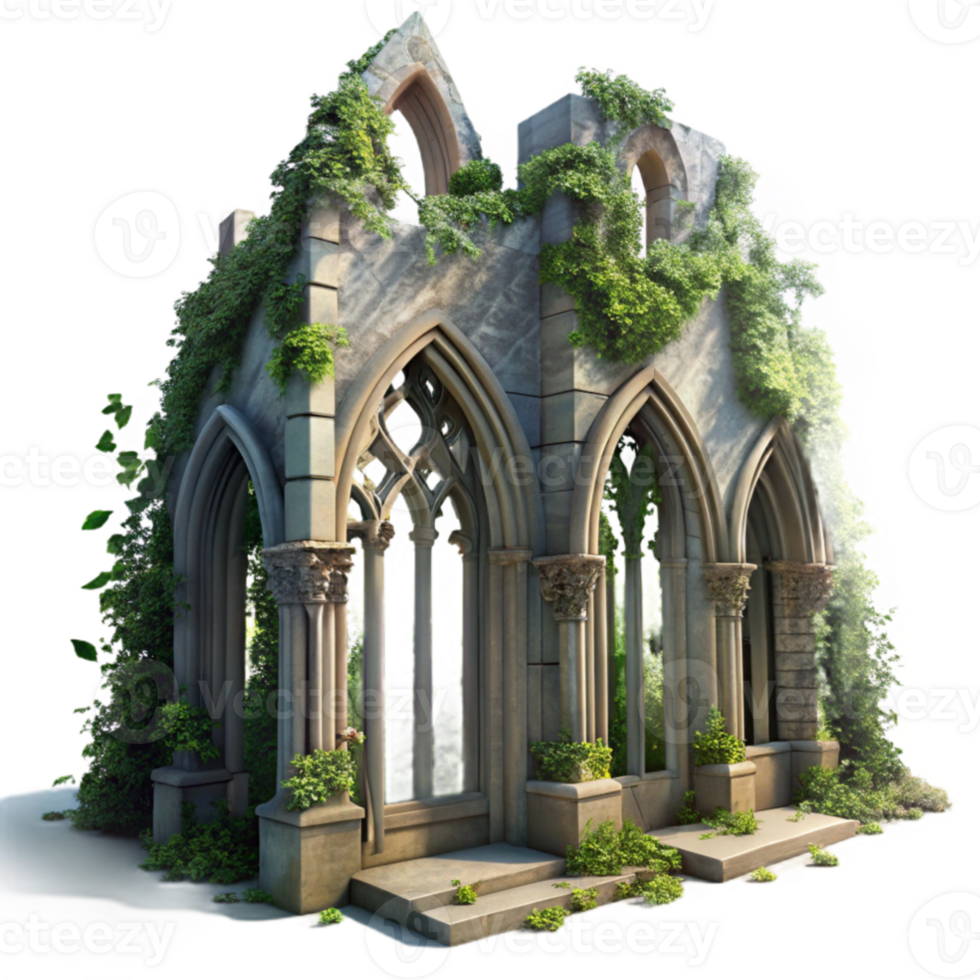 dramatic vintage wonderful minimalist A crumbling gothic cathedral overgrown with vines, dappled sunlight through broken stained glass, hyperrealistic, Greg Rutkowski style, high resolution genuine png
