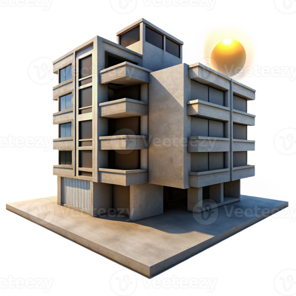 elegant traditional dramatic modern A single, brutalist concrete apartment complex, harsh midday sun, stark shadows, dystopian, photorealistic, high resolution genuine png