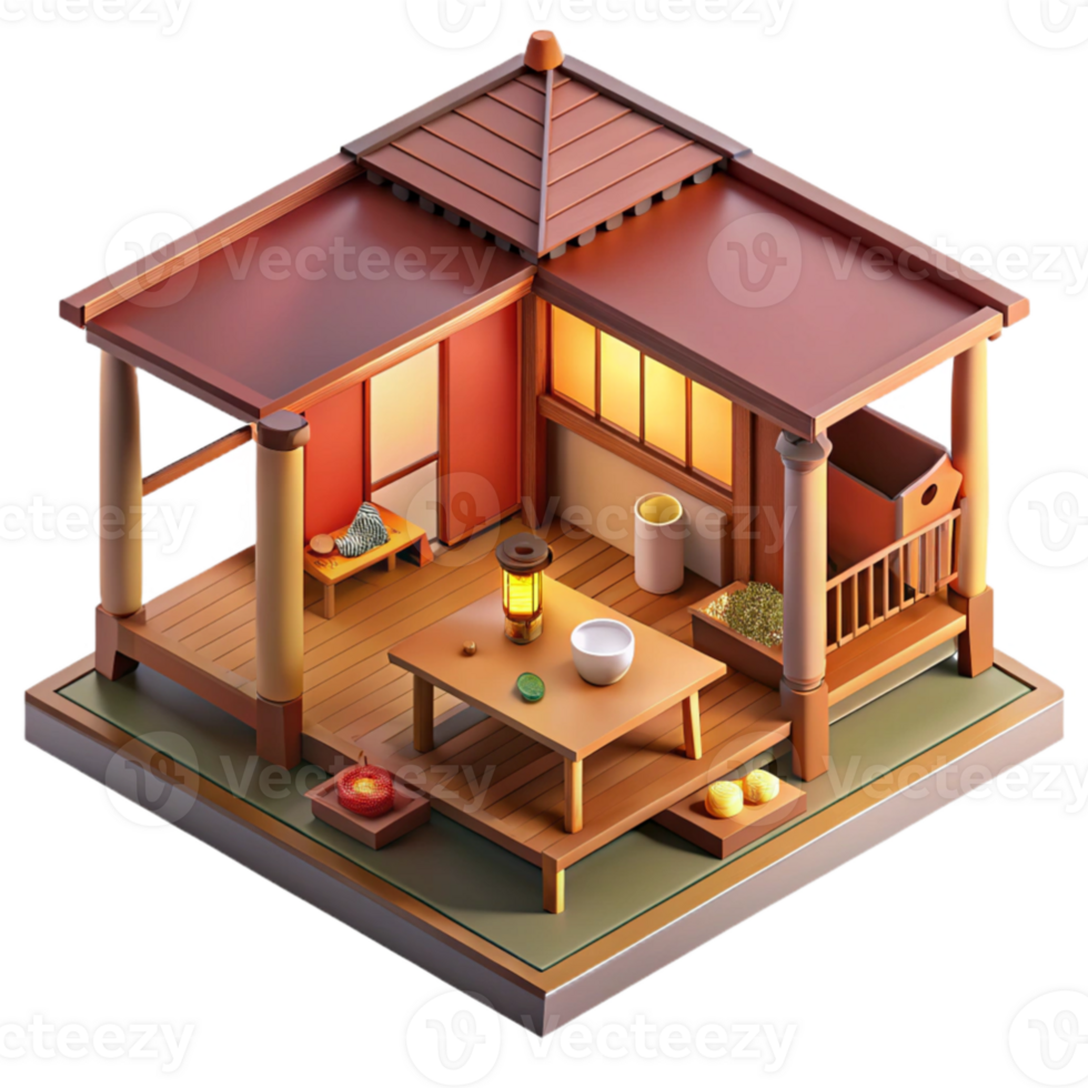 serene rustic beautiful artistic Isometric cross-section of a Japanese tea house, traditional materials, warm interior lighting, peaceful, highly detailed, premium 4K png