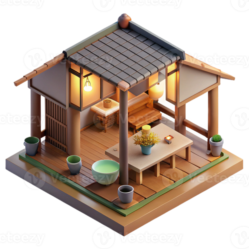 vibrant abstract wonderful vintage Isometric cross-section of a Japanese tea house, traditional materials, warm interior lighting, peaceful, highly detailed, detailed original png